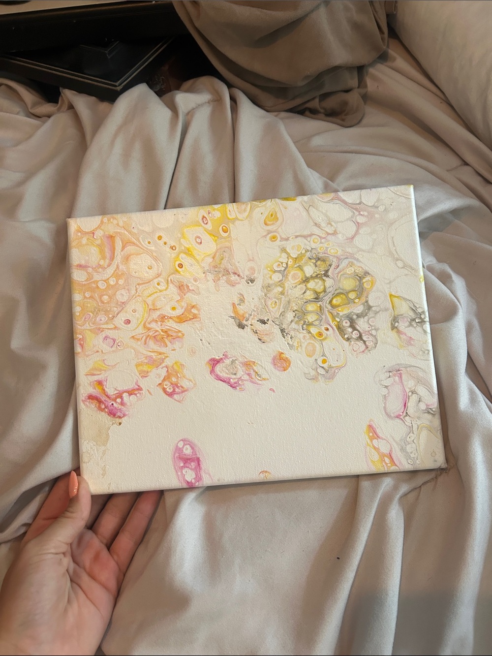 Abstract Fluid Art Canvas in Pink, Yellow and Cream by
